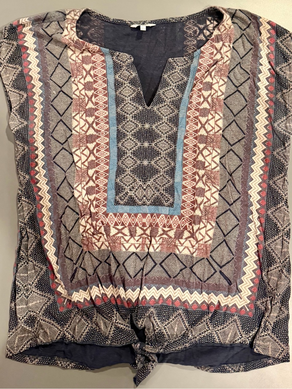 Lucky Brand Geometric Print Cap Sleeve Tunic in Blue, Brown, Cream size Large